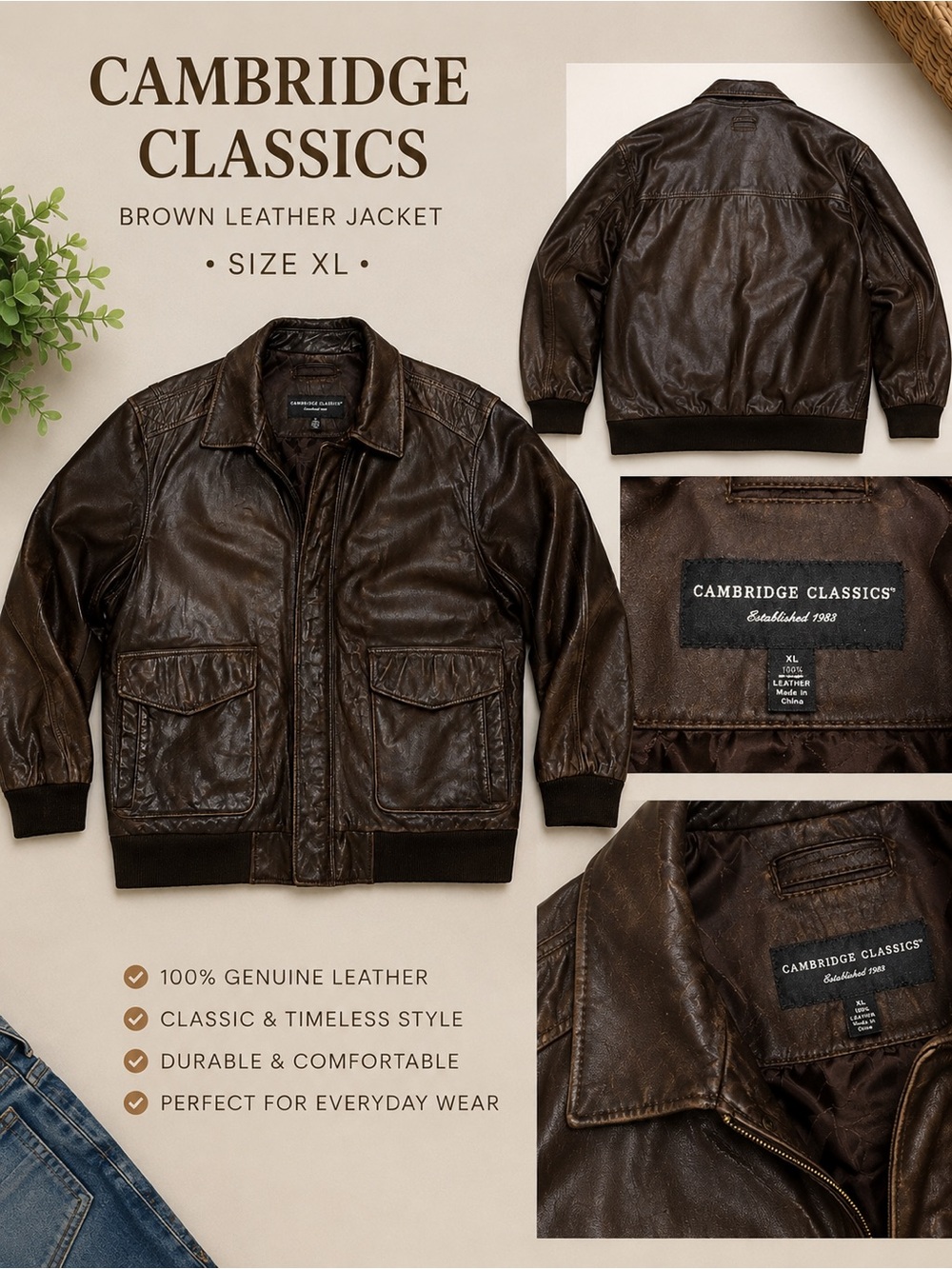 Cambridge Classics Men's Brown Leather Bomber Jacket